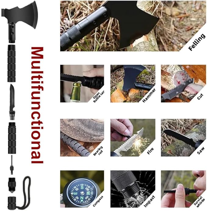 Multi-Purpose Survival Hatchet, Camping Hatchet with Sheath, Folding Tactical Hatchet, Carbon Steel Camping Axe with Hammer, Survival Axe for Outdoor, Hunting, Adventure, Emergency