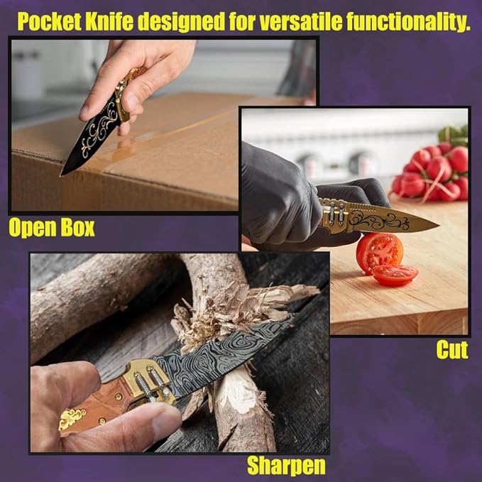 NLX 8" Steampunk Design Lockback Pocket Folding Knife With Coated 420 Stainless Steel Blade. For Collection, Everyday Ccarry and Outdoor Activity Tool Knife (Damascus)