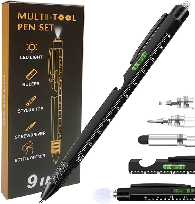 9 in 1 Multitool Pen, Stocking Stuffers Gifts Unique Christmas Birthday Multi Tool Pen for Men Dad Husband Who Have Everything, Cool Gadgets Pocket Multi Tool (Black)