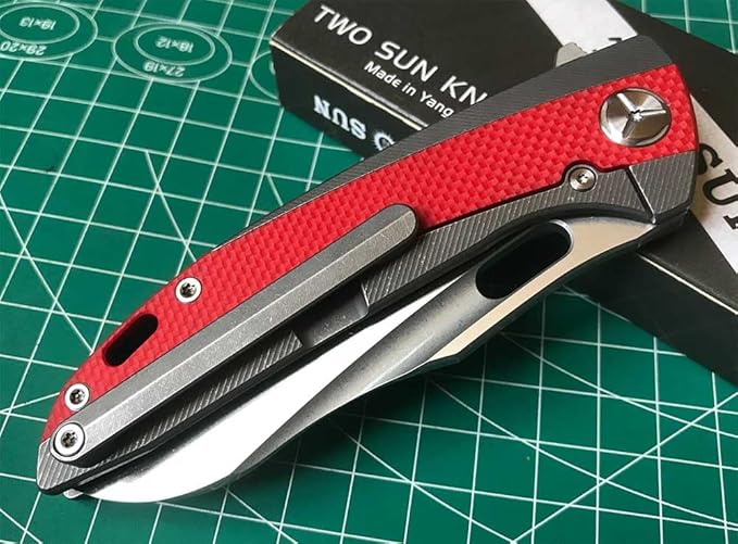 Twosun Folding Knife With K110 Blade Red G10 and Tc4 Titanium Handle Plain Edge EDC Camping Knife TS432-K110-Satin
