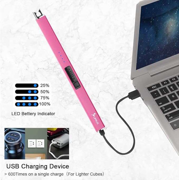 SUPRUS Fluorescent Lighter Glows in The Dark Electric Lighter Candle Lighter Rechargeable USB Arc lighters with Safety Lock Windproof Flameless Plasma for Candle BBQ Camping (Pink)