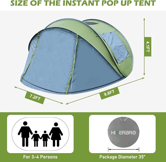 Pop Up Tent, HIKERBRO 4 Person Instant Tent with Skylight, Waterproof Instant Pop Up Tent with Rainfly, Easy Setup Camping Tents, 2 Doors & Windows, 4 Men Automatic Family Tent for Hiking, Traveling