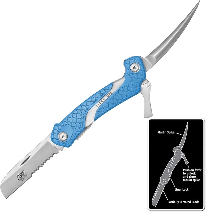 CUDA Marlin Spike Saltwater Corrosion Resistant Fishing Lockable Folding Knife with Partially Serrated Blade & Non-Slip Scale Pattern Grip