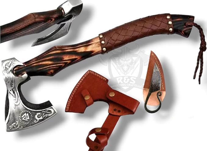 R&S Industries Custom Gift Forged Carbon Steel Viking Axe with Rose Wood Shaft, Viking Bearded Camping Axe, Best Birthday for Him