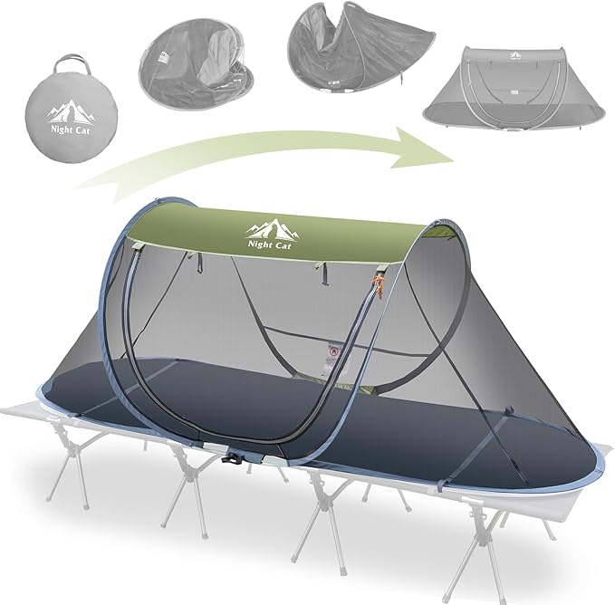 Night Cat Pop-up Mosquito Tent: 1 Person Camping Tent with Bug Screen Net Adults Kids Fits with Camping Cot (Exclueded)