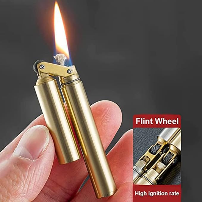 Kerosene Copper Lighter, Vintage Trench Lighter, Creative Windproof Brass Lighter Cool Wheel Kerosene Oil Lighter for Camping BBQ Kitchen, Gifts for Men Dad Husband (Silver)