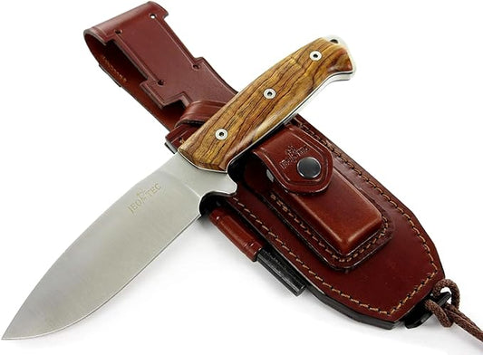 JEO-TEC Nº1 Bushcraft Full Tang Knife for Survival Camping Hunting Fishing and outdoor adventure - 4.5" Fixed Blade BÖHLER N690C Stainless Steel - Leather Sheath Firesteel - Handmade