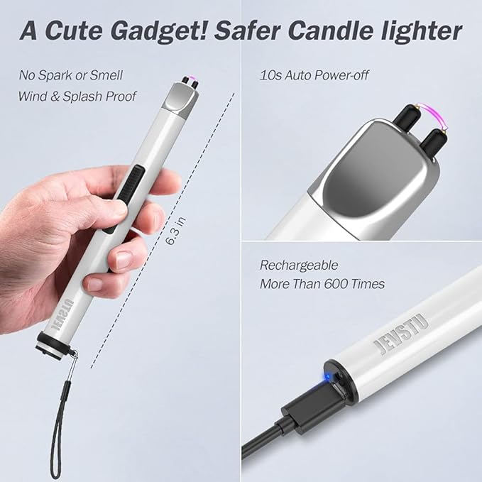 Candle Lighter, Electric Lighter USB Rechargeable Lighter, Arc Windproof Flameless Plasma Lighter Long Stick with Rope and Ring, Perfect for Candle BBQ Camping Kitchen Stove, White