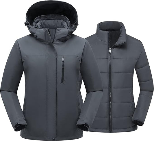 Women's 3 in 1 Ski Jacket Mountain Waterproof Windproof Winter Snow Coat Hike Snowboarding Jackets Hooded Warm Raincoat