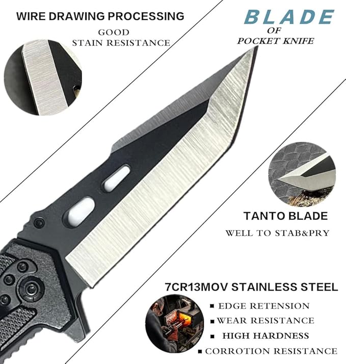 HELLOWZXD Folding Pocket Knife - Glass Breaker,Strap Cutter,7mov13 Stainless Steel Tanto Folding Knives - Smoothy Ball Bearing,Aluminum Handle w Clip EDC Knife for Survival Camping Hiking