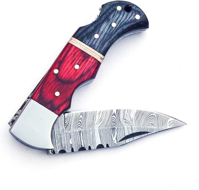 Hand Forged Vikings Axe & Damascus Steel Folding Knife Set- 21"" Carbon Steel Nordic Hatchet + EDC Knife with Sheath- Ideal for Camping, Gift for Men, Red-Black