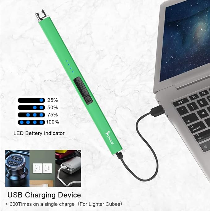 SUPRUS Fluorescent Lighter Glows in The Dark Electric Lighter Candle Lighter Rechargeable USB Arc lighters with Safety Lock Windproof Flameless Plasma for Candle BBQ Camping (Green)