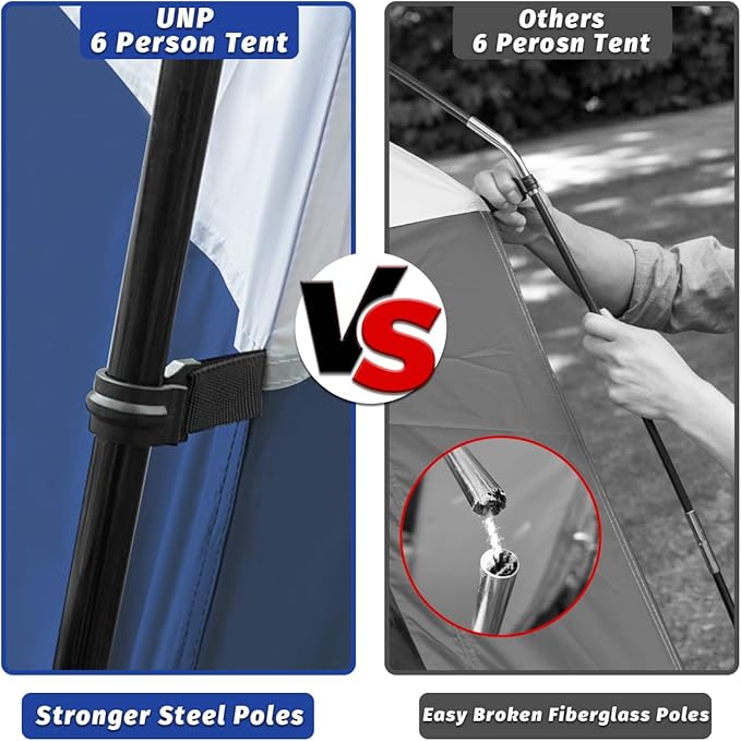 UNP Tents 6 Person Waterproof Windproof Easy Setup,Double Layer Family Camping Tent with 1 Mesh Door & 5 Large Mesh Windows -10'X9'X78in(H)