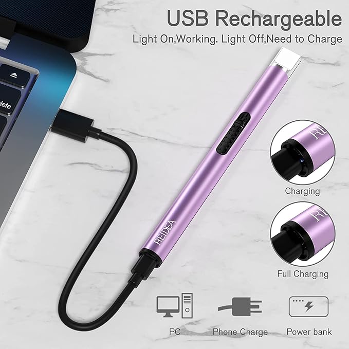 REIDEA Lighter S4 Electronic Candle Lighter USB Rechargeable with Security Lock, Windproof Fast Heat Sinking, Non-Slip Switch Electronic Lighter for Candle, Grill, Camping (2 Pack Lavender Purple)