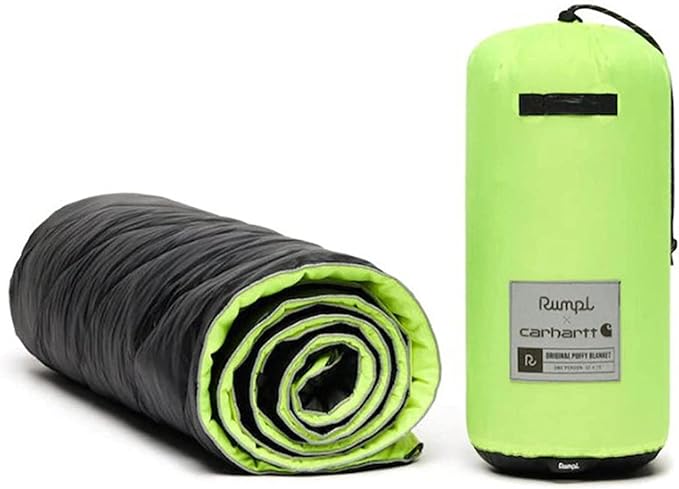 Rumpl Original Puffy Blanket - Warm Puffy Camping Blanket, 100% Recycled Polyester Insulation, Lightweight, Packable, Water-Resistant, Outdoor Puffer Blanket, 52"x75", Black/Lime