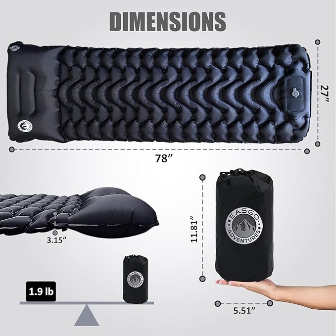Ultralight Inflatable Sleeping Pad for Camping, Backpacking, Hiking, Travel, Built-In Step Inflating Air Pump, Integrated Pillow, Indoor Outdoor Firm Sleep Support, Compact and Portable, Black