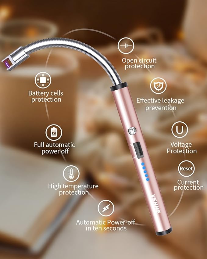 VEHHE Electric Candle Lighter, USB Rechargeable Lighters with Safety Button Lock, Flexible Neck ARC Long Lighter with LED Battery Display Windproof for Grilling Cooking Camping
