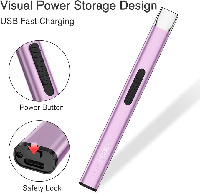 REIDEA Lighter Electronic Candle Lighter USB Rechargeable with Security Lock, Windproof Fast Heat Sinking, Non-slip Switch Electronic Lighter for Candle, Grill, Camping (2 Pack Lavender Purple)