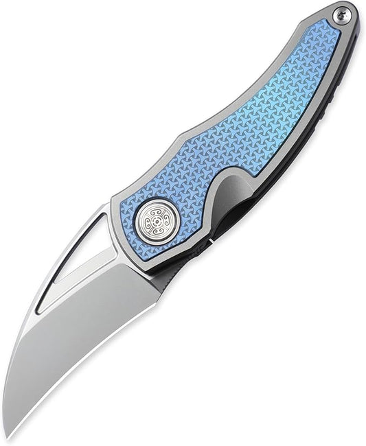 Knife Karasu Pocket Folding Knife,2.12" Grey Ceramic M390 Steel Blade Titanium Handle Front Flipper Knife,Small EDC Knife with Pocket Clip (Grayish Blue)