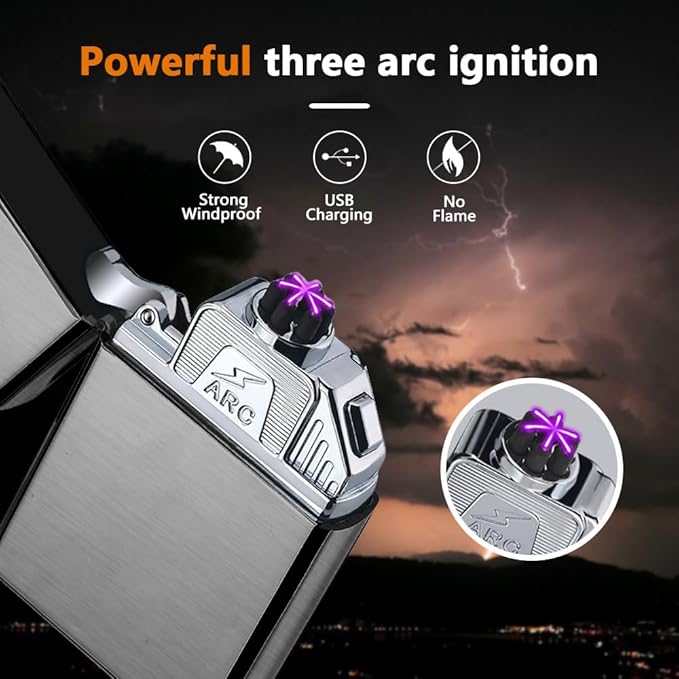 Electric Lighter Triple Arc Plasma Lighter USB Rechargeable Lighter Cool Lighter Windproof Flameless Lighter with Upgraded Battery Smart Chip for Candle, Hiking(Black)