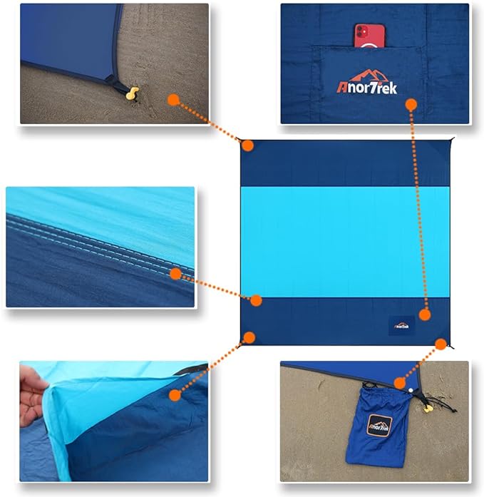 Beach Blanket Sandproof, Extra Large Beach Mat, Sand Free Mat Quick Drying, Lightweight, Soft & Durable Mat for Beach, Yard (Dark Blue & Blue, 6.6 x 6.6 FT (1～4 Person))