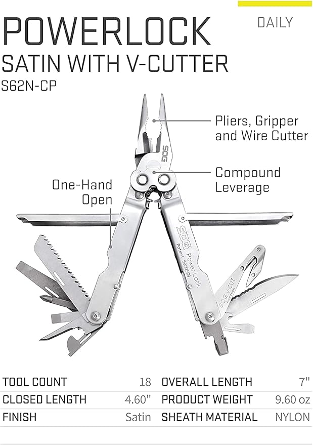 SOG Multitool - Powerlock Heavy Duty Multitool Pliers, Electrician Wire Cutter Multi Tool w/Ballistic Nylon Multitool Sheath with Clip (S62N-CP)