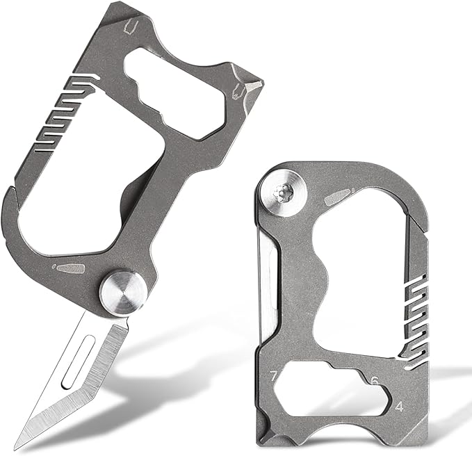 Multitool Carabiner with Pocket knife, Small Multi Tools Keychain Clip, 6 in 1 Mini Titanium EDC Keychain with Bottle Opener, Box Cutter, Wrench, Screwdriver, Emergency Survival Gear for Men