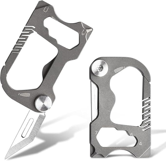 Multitool Carabiner with Pocket knife, Small Multi Tools Keychain Clip, 6 in 1 Mini Titanium EDC Keychain with Bottle Opener, Box Cutter, Wrench, Screwdriver, Emergency Survival Gear for Men