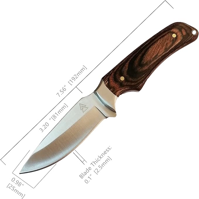 Skinning EDC Field Hunting Knife KRATOS ZFS2 Blade Fixed Full Tang 7.5" Stainless Steel, Leather Sheath Holster Included