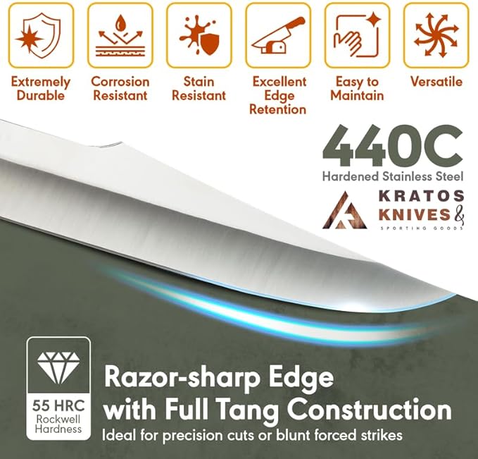 Hunting Knife With Holster, 12 Inch Fixed Blade Hunting Knives, Full Tang Survival Knife with Sheath, High Carbon 440C Stainless Steel By Kratos - ZF7