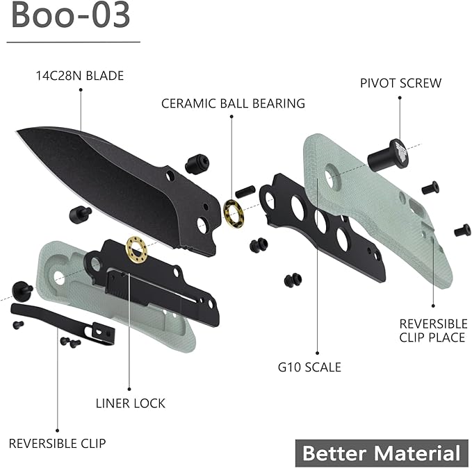 Folding Knife for EDC,2.32in Sandvik 14C28N Stainless Steel Blade, G10 Handle with Clip,Thumb Studs Pocket Knives Gift for Men,Bootes-03