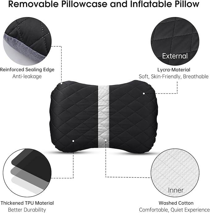 Inflatable Camping Pillow with Removable Cover - Ultralight Compact Camp Pillows for Sleeping, Backpacking, Hiking, Beach, Outdoor - Portable Blow Up Air Travel Pillow for Neck & Lumbar Support -Black