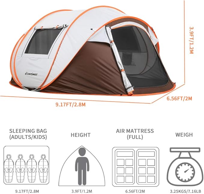 EchoSmile Camping Instant Pop Up Tent, 2/4/6/8/10 Person, Water Resistant Dome, Easy Setup for Camping Hiking and Outdoor, Portable with Carry Bag, 3 Season