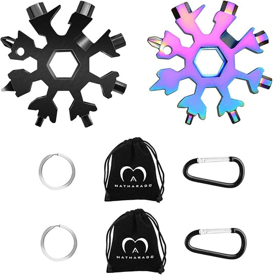 Snowflake Multitool, 2pcs Snowflake Tool Stainless Steel 18 in 1 Snowflake Multitool with Carabiner Clip, Keyring and Storage Bag for Christmas Gift Men's Present（black and color）