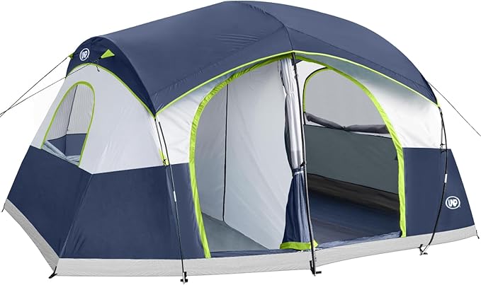 UNP Camping Tent 8/9 Person, Family Camping Tent, 5 Large Ventilation Mesh Windows, 14'x14'x78 inches Tall with Dividers Curtain for 2 Room