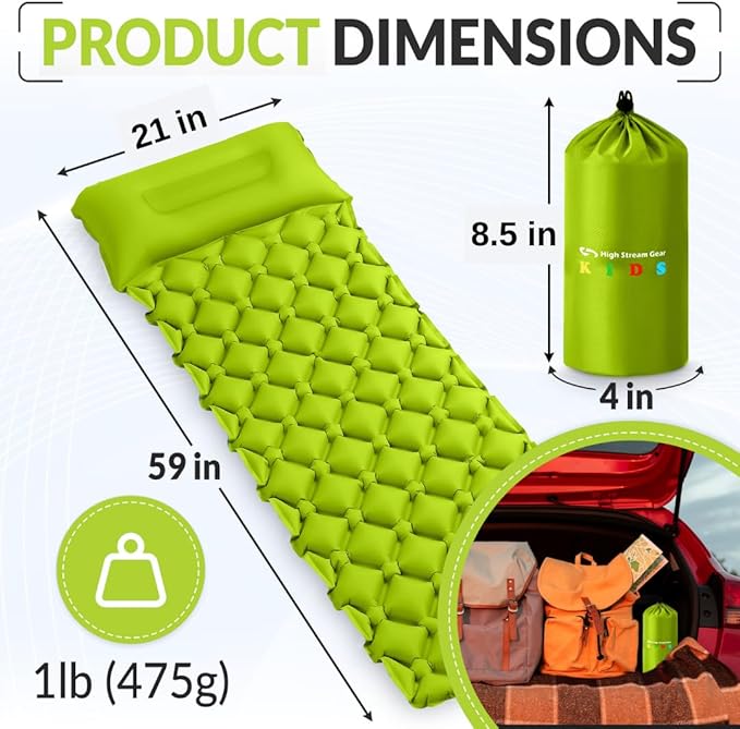 Kids Sleeping Pad for Camping and Sleepovers with Pillow, Inflatable Camping Mattress for Backpacking & Travel, Thick Toddler Cot Mat, Fast Inflating Camping Sleeping Pads for Kids