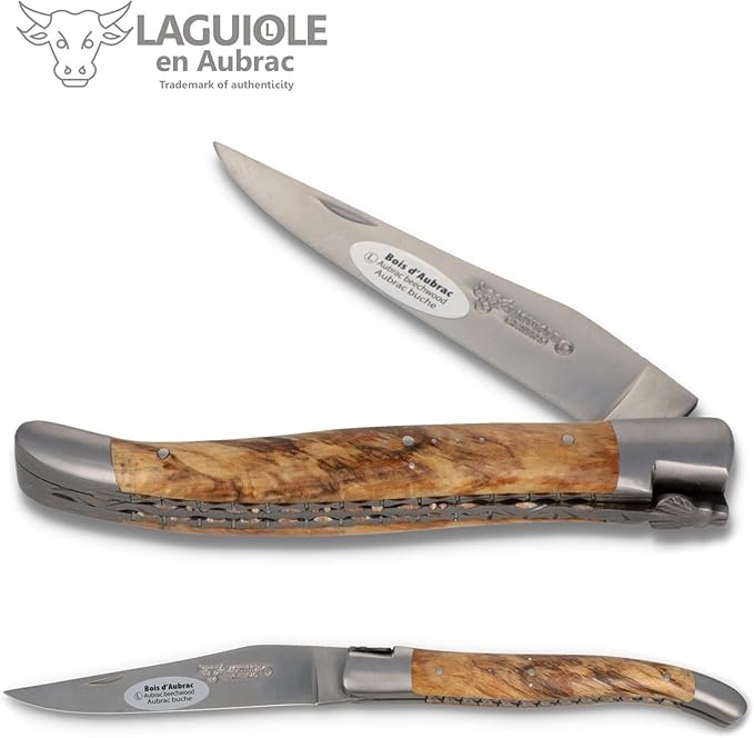Laguiole en Aubrac Handmade French Knife 12 cm - Double platines - Aubrac Beech Wood Handle - Blade and bolsters Stainless Steel