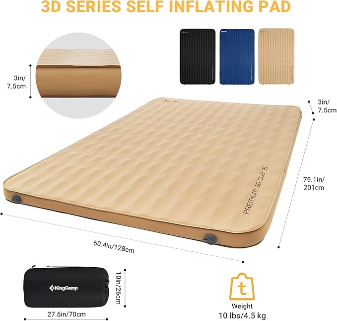 KingCamp Self Inflating Sleeping Pad Double Camping Mattress Queen Size Foam Pad 11 R-Value 3" Thick 79" × 50" Lightweight Luxury 3D Sides Camping Foam Mat, Khaki…