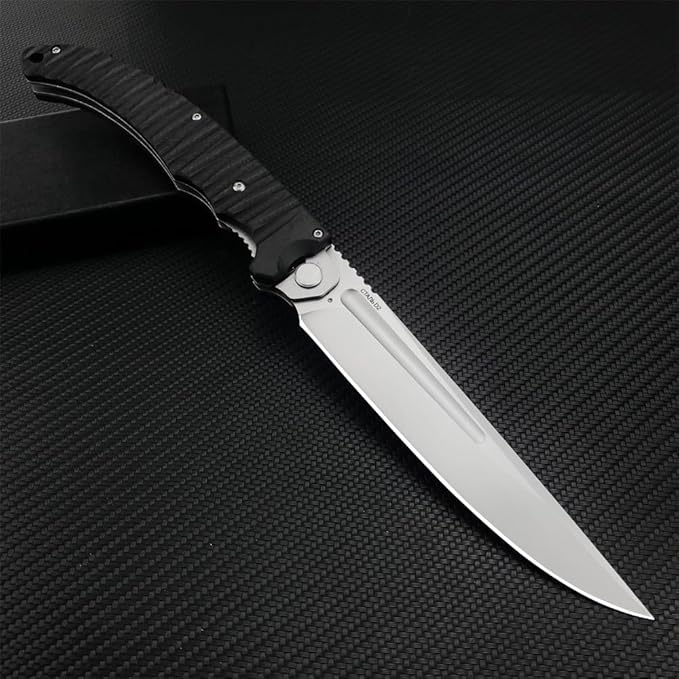 HUAAO 12 INCH Russian Avatar Folding Knife for Men,D2 Blade Black G10 Handles Tactical Survival Gear Saber Knives,Safety Liner Lock,Flipper Assisted Outdoor Camping Tool (White blade)