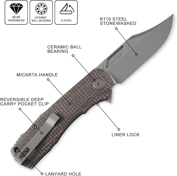 Petrified fish PFP03 Victor,3.58" K110 Stonewashed Blade,140g Micarta Handle Flipper Liner lock Folding knife (Brown Stonewashed)