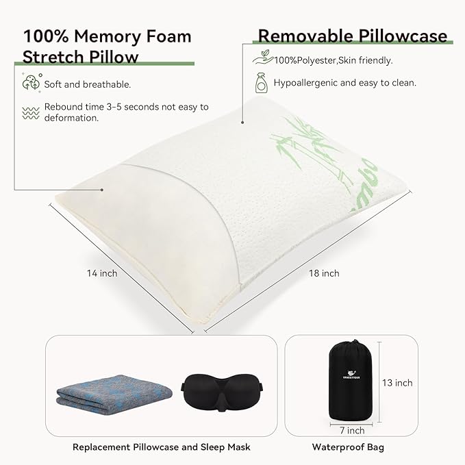 Camping Pillow Travel Pillow Memory Foam with Extra Cover Sleep Mask and Storage Bag Camping Essentials for Backpacking Airplane Car-Medium