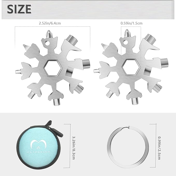 Snowflake Multitool, 1pcs Snowflake Tool Stainless Steel 18 in 1 Snowflake Multitool with Keyring and Storage Bag for Christmas Gift Men's Present(Silver）
