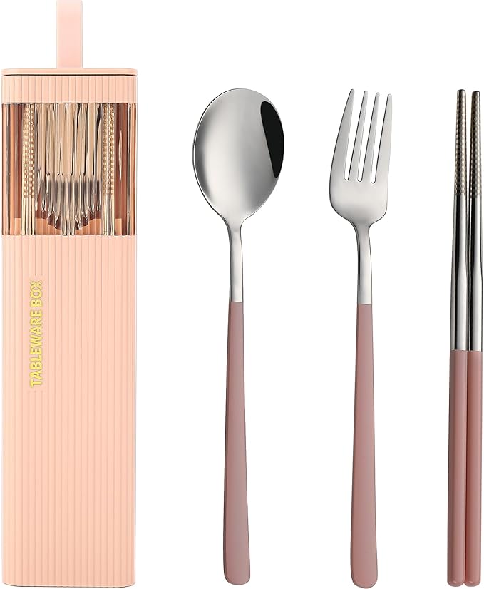 DEVICO Travel Utensils with Case, Stainless Steel Reusable Camping Silverware Set for Lunch Box, Portable Cutlery Kit Includes Fork, Spoon, Chopsticks (Pink)