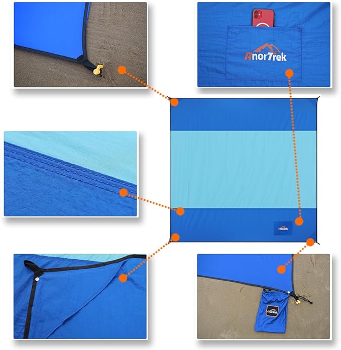Beach Blanket Sandproof, Extra Large Beach Mat, Sand Free Mat Quick Drying, Lightweight, Soft & Durable Mat for Beach, Yard (Blue & Sky Blue, 10 x 10 FT (1～9 Person))
