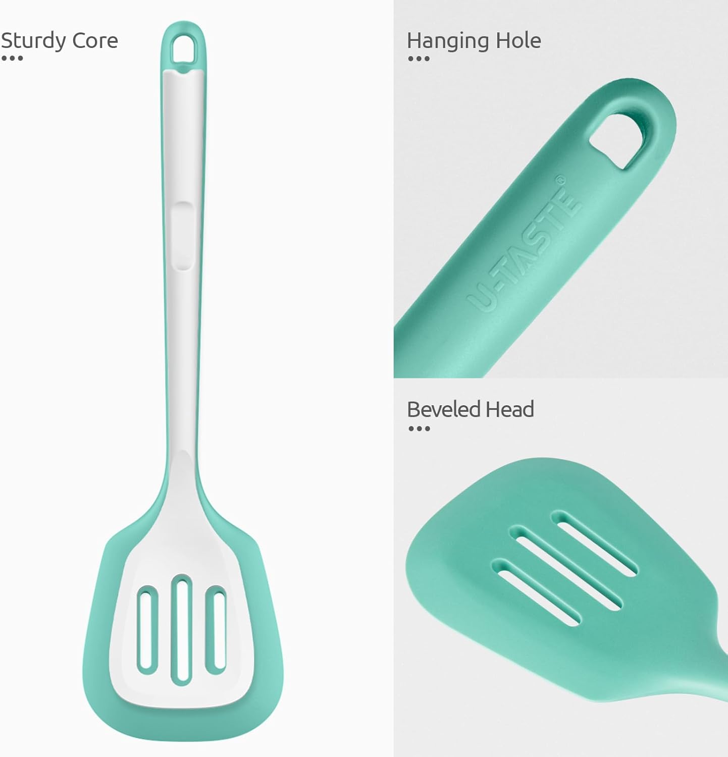 13.6" Slotted Silicone Turner: U-Taste 600ºF Heat Resistant Kitchen Spatula Flipper, Food Grade Flexible Wide Seamless Rubber Cooking Utensil for Egg, Omelette, Burger in Nonstick Cookware (Aqua Sky)