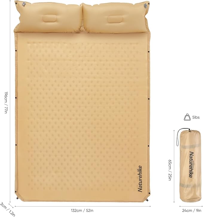 Naturehike Self-Inflating Double Sleeping Pad, Camping Mattress 2 Person, Ultralight Memory Foam Pad with Pillow, Fast Inflating, Patchwork Sleeping Pad for Camping, Hiking, RV Camping, Full, Yellow