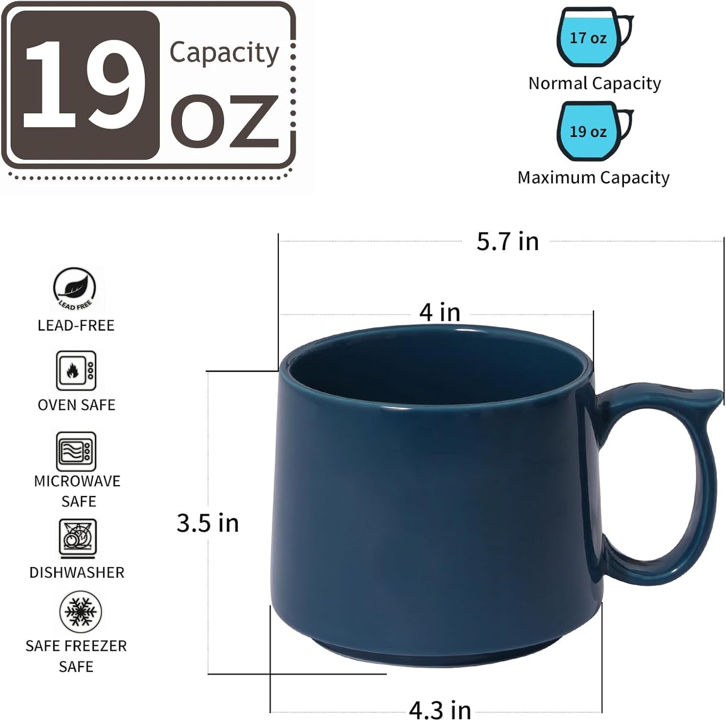 19 oz Large Coffee Mugs Set of 4, Stackable Ceramic Coffee Mugs with Large Handles for Coffee, Latte, Cappuccino, Milk, Dishwasher & Microwave Safe, Ideal for Men, Women, Dads and Moms (Blue)