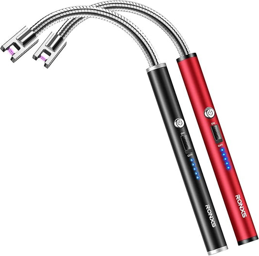 RONXS Lighter Electric Lighter Rechargeable Arc USB Candle Lighters with LED Battery Display, Flexible Neck Windproof Flameless Plasma Long Lighters for Candle BBQ Camping (J-Black&Red)