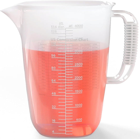 1 Gallon Measuring Pitcher, 134oz Extra Large Measure Pitcher-Convenient Conversion Chart-Strong Handle, Heat Resistant Plastic 1 Gallon Measuring Container for Pool Chemicals,Motor Oil, Lawn and Cook