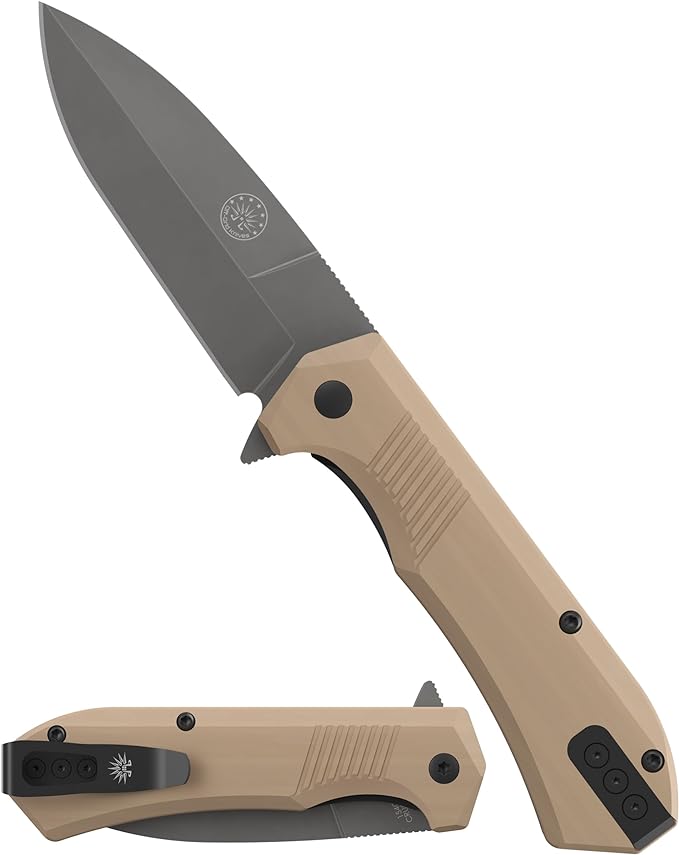 Off-Grid Knives - Stinger EDC Folding Knife with Spear Point Blade, Crucible 154CM Steel, G10 Scales, Deep Carry Clip, Everyday Carry (Coyote Spear Point)